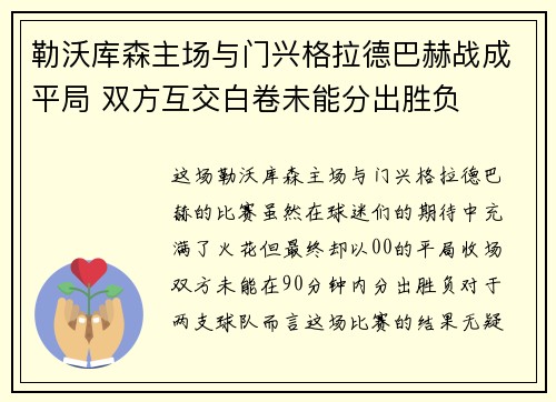 勒沃库森主场与门兴格拉德巴赫战成平局 双方互交白卷未能分出胜负