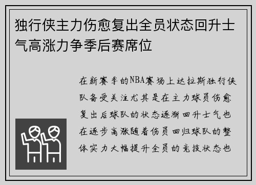 独行侠主力伤愈复出全员状态回升士气高涨力争季后赛席位